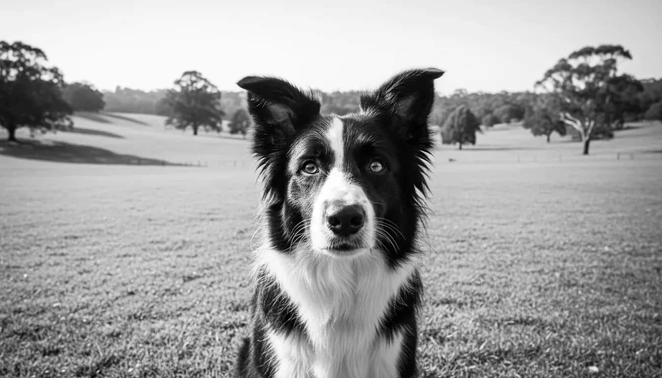 Black and white Border Collie alert outdoors in Australian parkland