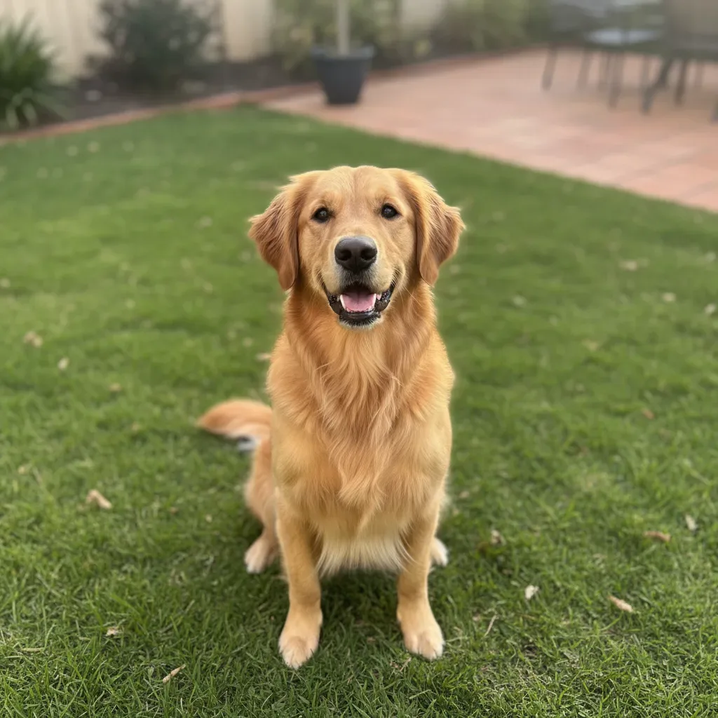 Healthy golden retriever sitting in a sunny Australian backyard, illustrating gut health with probiotics for dogs with diarrhea