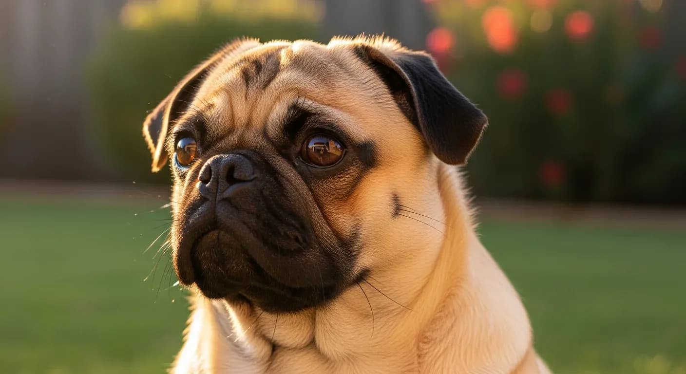 Pug sitting attentively in a sunny Australian backyard, calm and curious, illustrating probiotic supplement support for Pugs