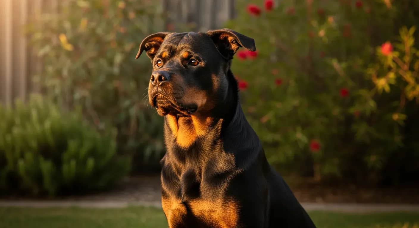 Rottweiler sitting attentively in a sunny Australian backyard, calming supplements for Rottweilers article