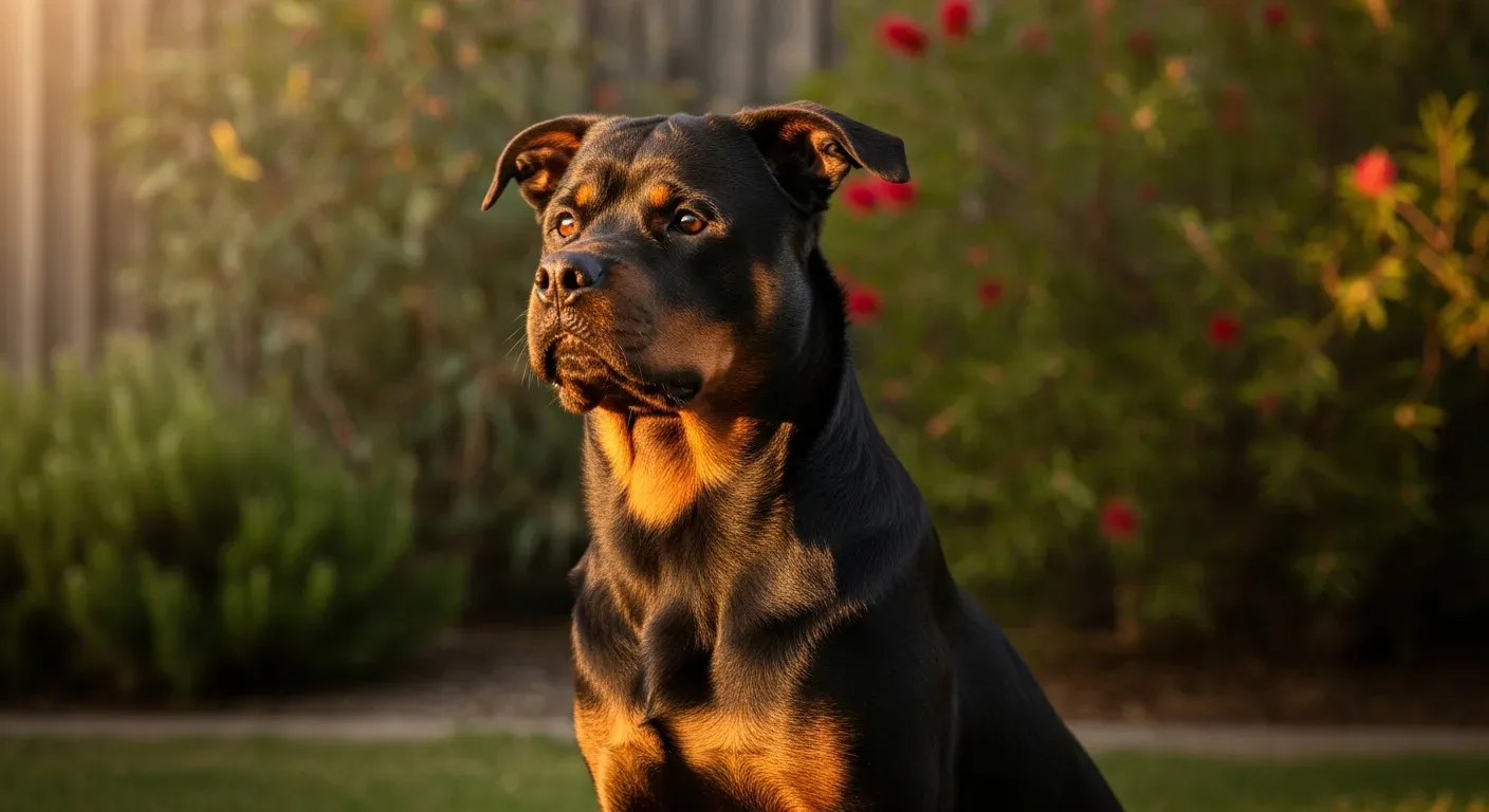 Rottweiler sitting attentively in a sunny Australian backyard, calming supplements for Rottweilers article