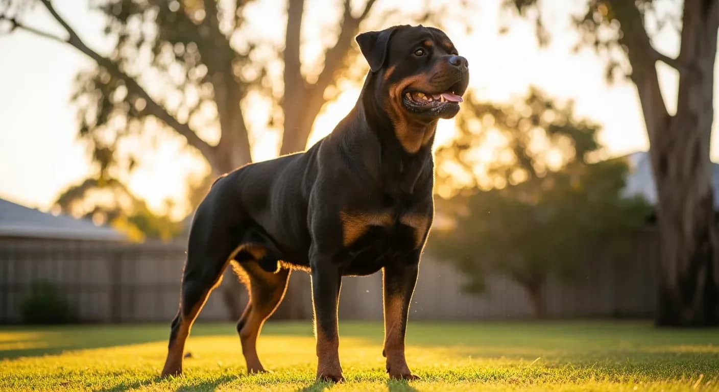 Adult Rottweiler standing alert on a sunny Australian lawn, illustrating mobility supported by daily joint care