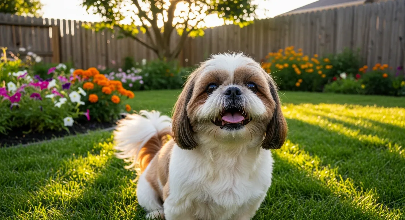 White and gold Shih Tzu sitting calmly in a sunlit Australian backyard, illustrating calming supplement support for Shih Tzus