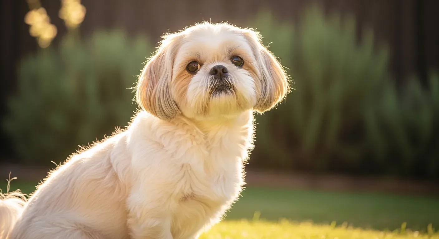 White Shih Tzu sitting attentively in a sunny Australian backyard, representing daily gut health for Shih Tzus