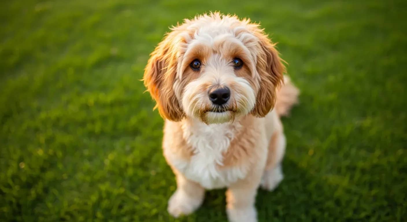 Spoodle dog sitting on sunny Australian backyard lawn, healthy and curious, illustrating spoodle health guide