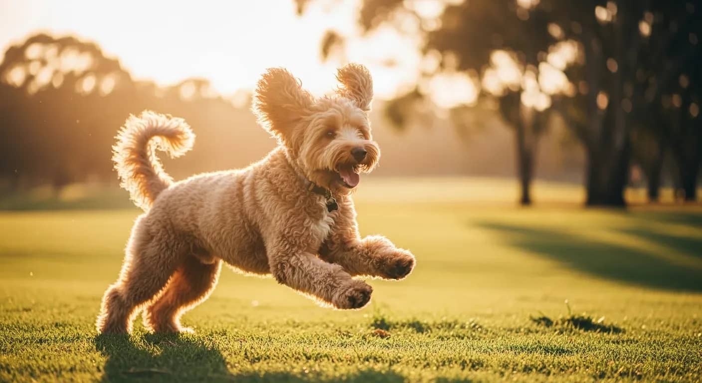 Spoodle dog running in an Australian park at golden hour, showing mobility joint supplements support