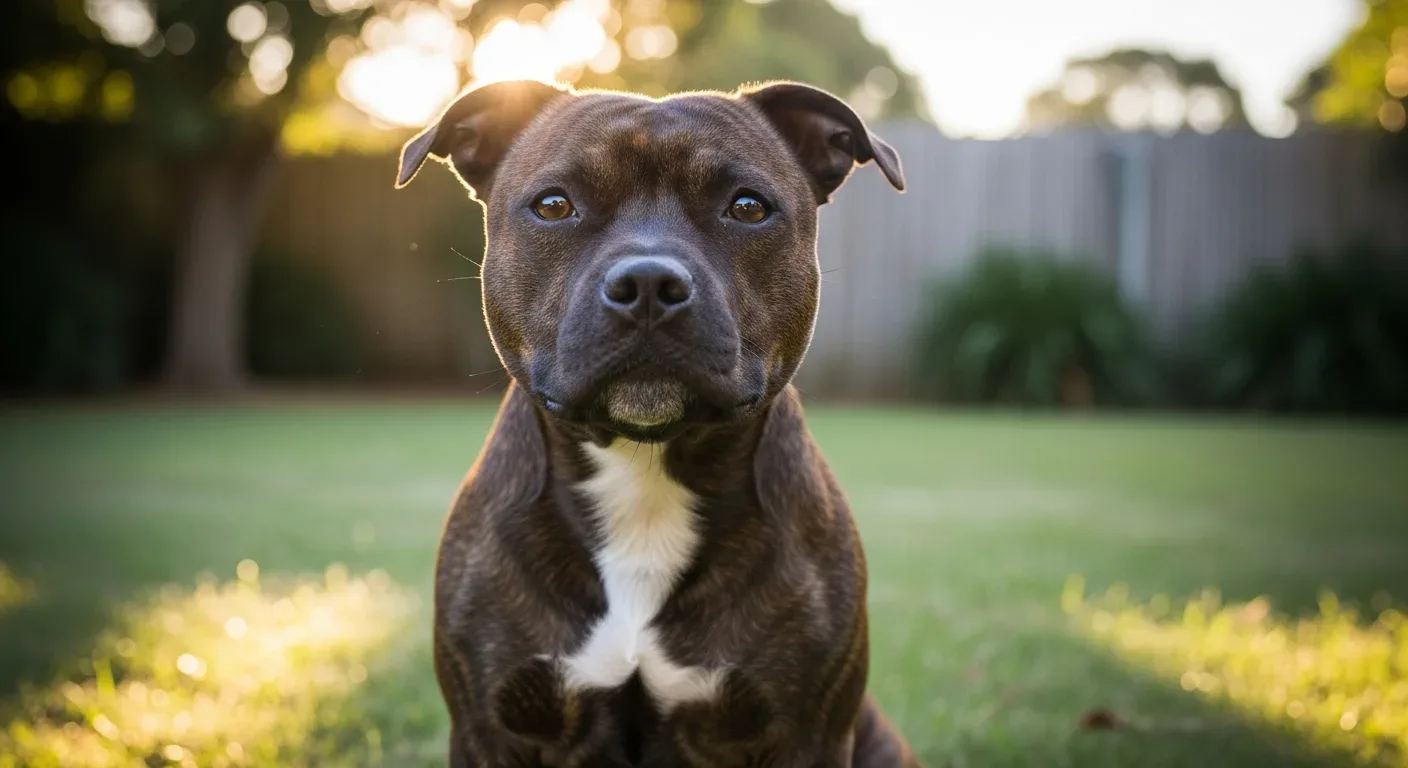 Staffordshire Bull Terrier sitting in a sunny Australian backyard with brindle coat