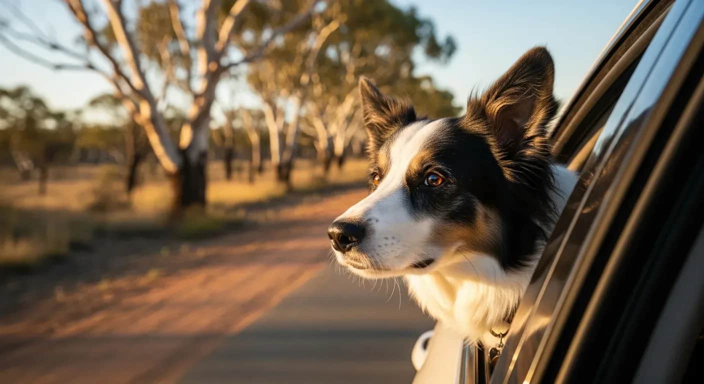 Dog looking out car window on Australian road trip, calm and curious