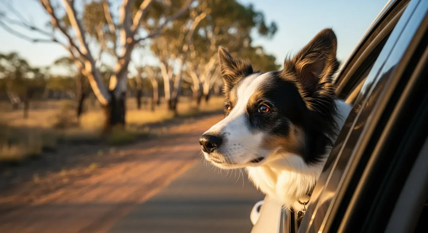 Dog looking out car window on Australian road trip, calm and curious