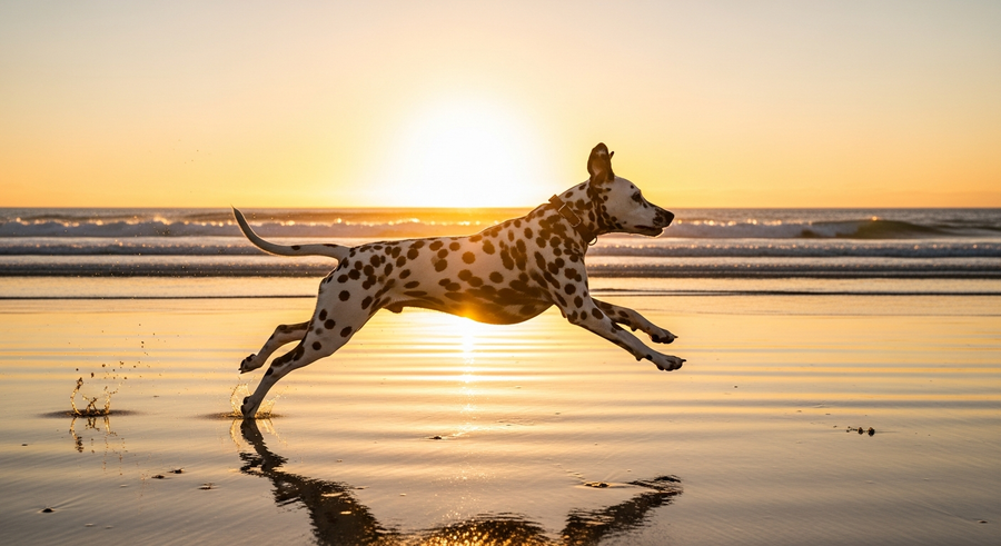 Dalmatian running at full speed along an Australian beach at golden hour, calming supplements for Dalmatians