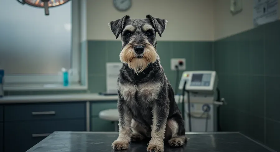 A healthy Standard Schnauzer sitting confidently in a veterinary clinic, representing the breed's robust health profile and the importance of regular veterinary care for prevention and early detection of health issues.