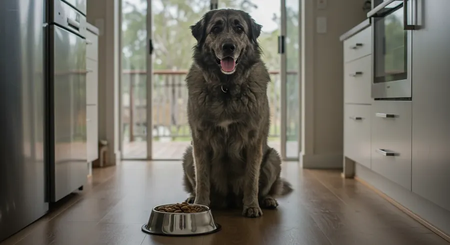 A Bouvier des Flandres dog sitting next to a food bowl in a kitchen, representing the article's focus on proper dietary needs for this breed