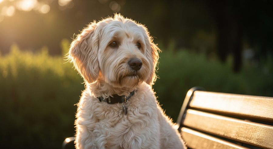 Labradoodle sitting calmly in an Australian park, calming supplements for dogs