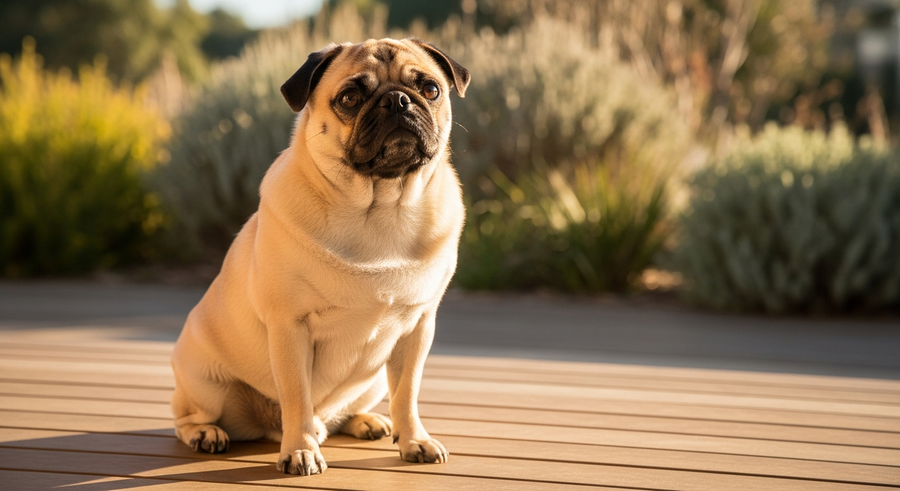 Pug sitting alert on a sunny Australian verandah, calm and curious expression illustrating daily calming routine